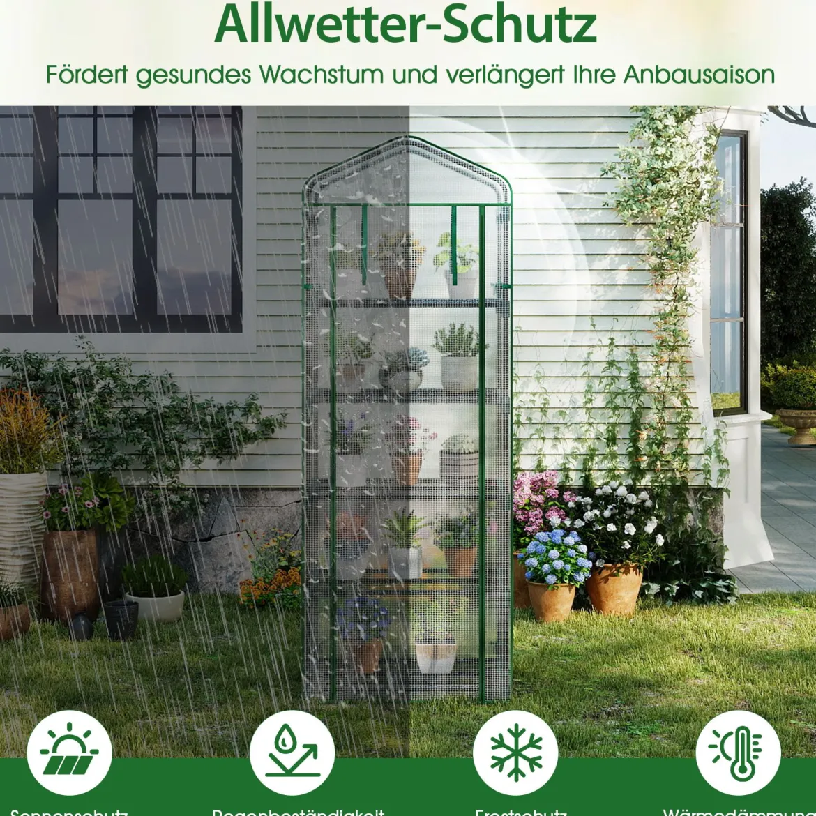 Mini-Gewächshaus mit 5 Ebenen Regalen & PE-Abdeckung & Aufrollbarem Reißverschlusstür Weiß