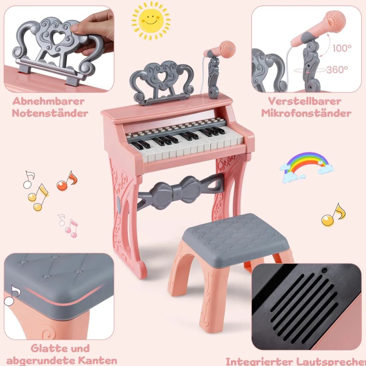 Mini Keyboard mit Hocker & Notenständer & Mikrofon 25 Tasten Elektrisches Klavier Rosa