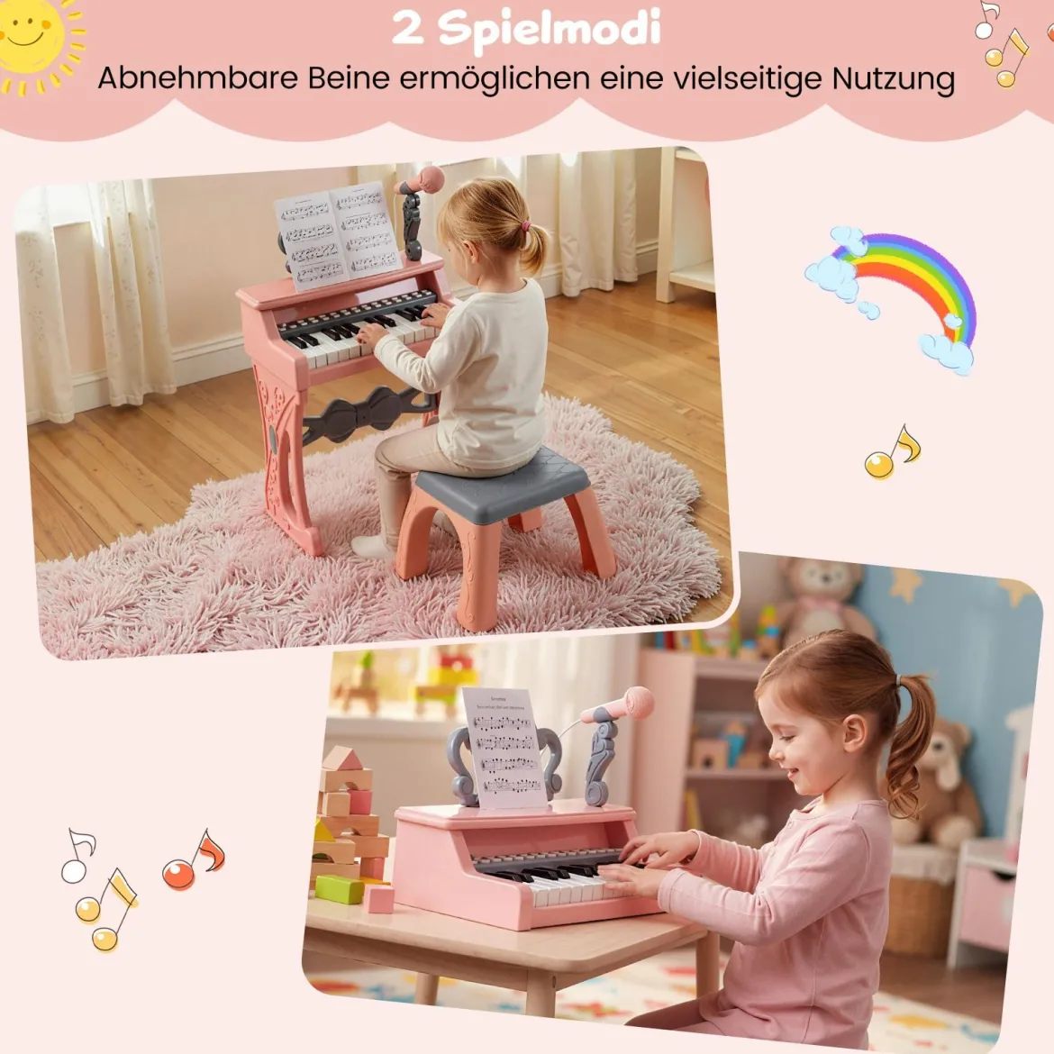 Mini Keyboard mit Hocker & Notenständer & Mikrofon 25 Tasten Elektrisches Klavier Rosa