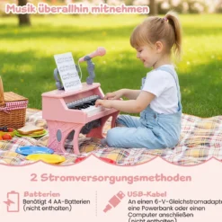 Mini Keyboard mit 25 Tasten & Notenständer & Mikrofon Kinderklavier Elektrisches Klavier Pink