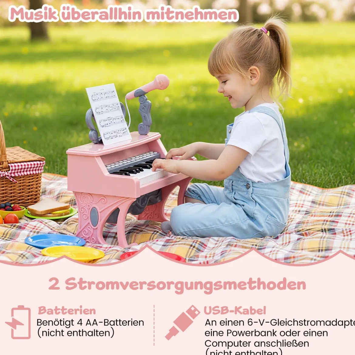 Mini Keyboard mit 25 Tasten & Notenständer & Mikrofon Kinderklavier Elektrisches Klavier Pink