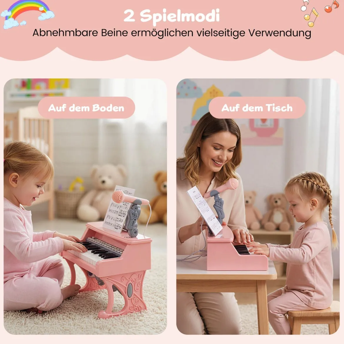 Mini Keyboard mit 25 Tasten & Notenständer & Mikrofon Kinderklavier Elektrisches Klavier Pink