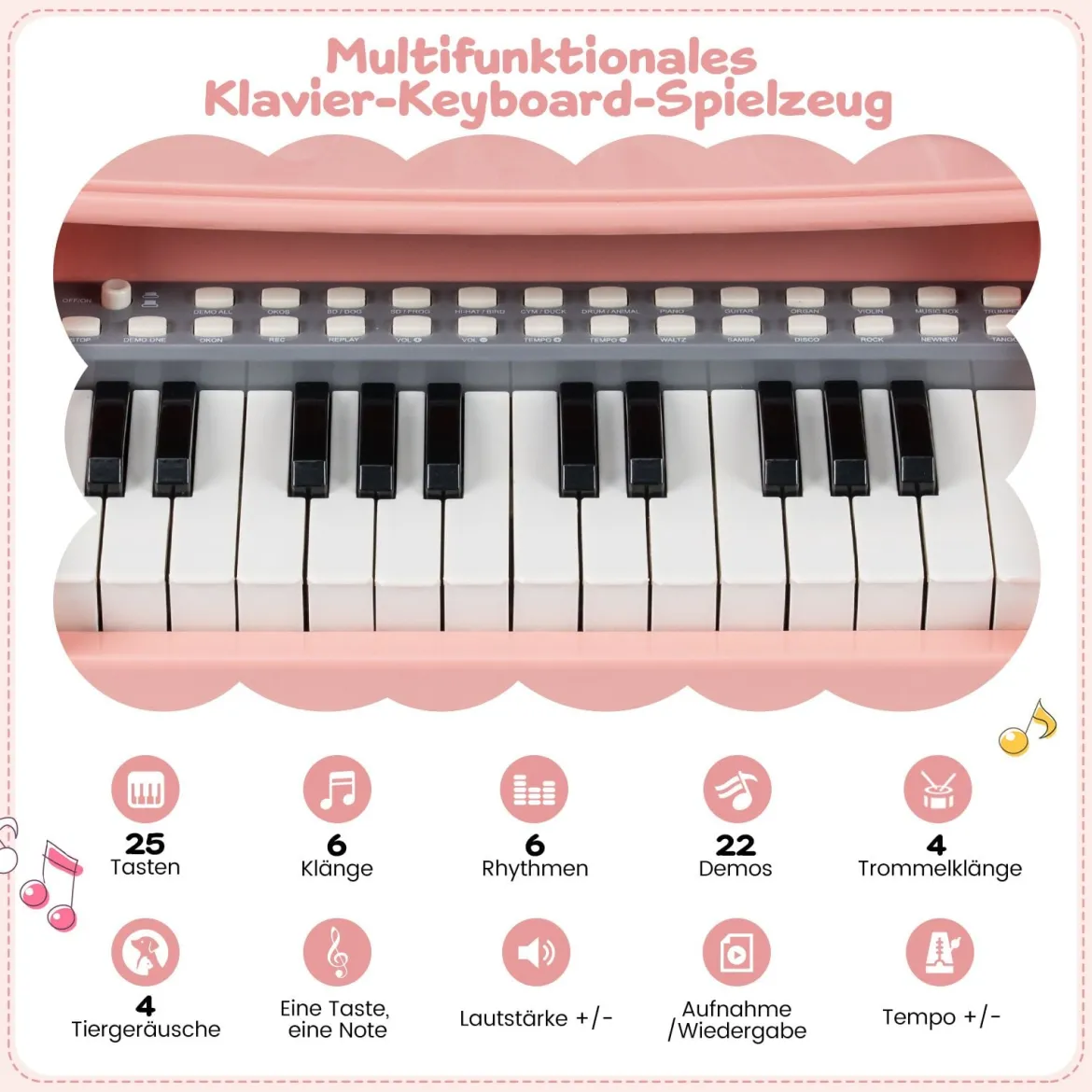 Mini Keyboard mit 25 Tasten & Notenständer & Mikrofon Kinderklavier Elektrisches Klavier Pink