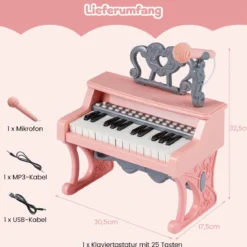 Mini Keyboard mit 25 Tasten & Notenständer & Mikrofon Kinderklavier Elektrisches Klavier Pink