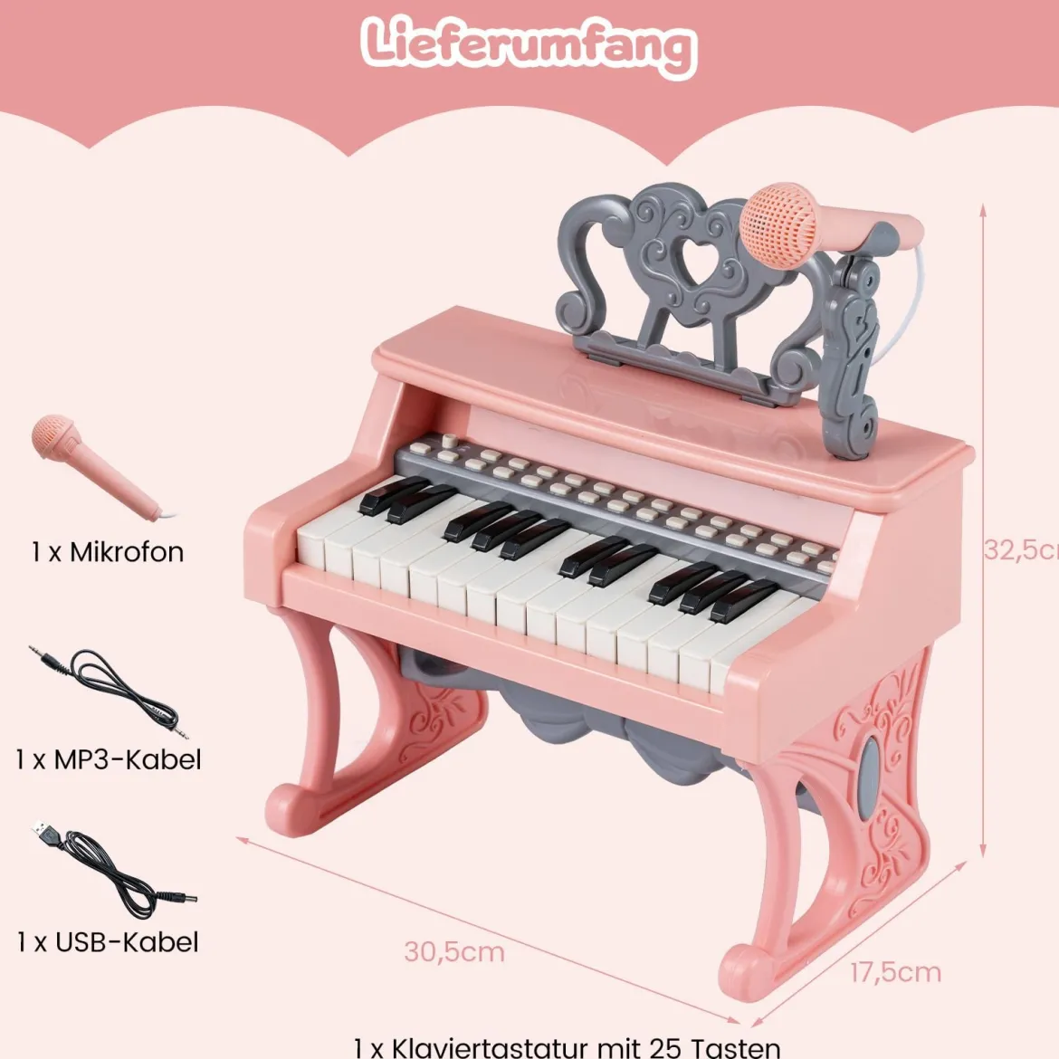 Mini Keyboard mit 25 Tasten & Notenständer & Mikrofon Kinderklavier Elektrisches Klavier Pink