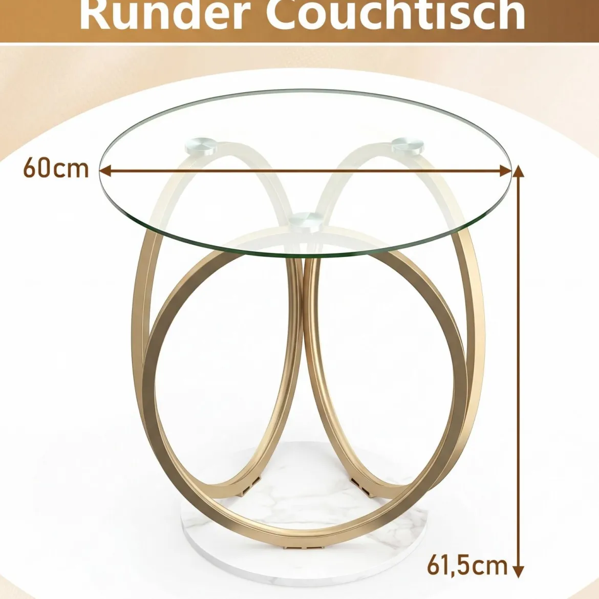 Minimalistischer Glastisch mit Geometrischem Goldfarbenem Metallringgestell Moderner Couchtisch