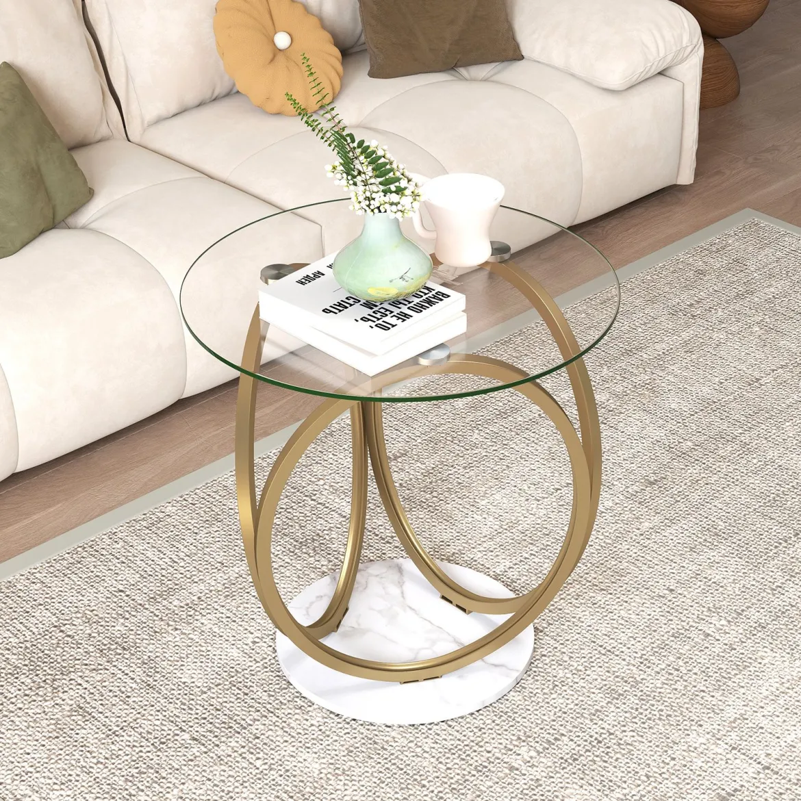 Minimalistischer Glastisch mit Geometrischem Goldfarbenem Metallringgestell Moderner Couchtisch