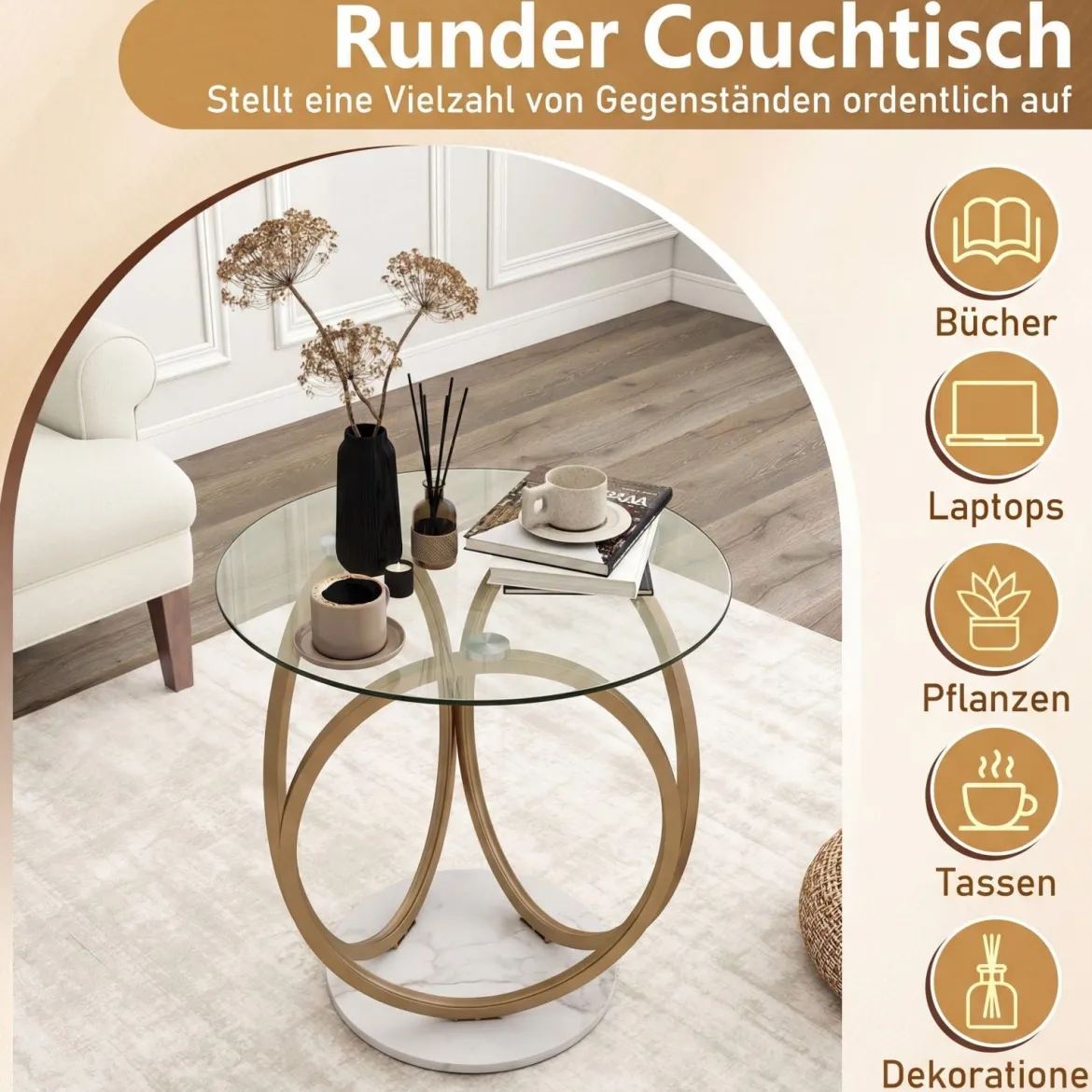 Minimalistischer Glastisch mit Geometrischem Goldfarbenem Metallringgestell Moderner Couchtisch