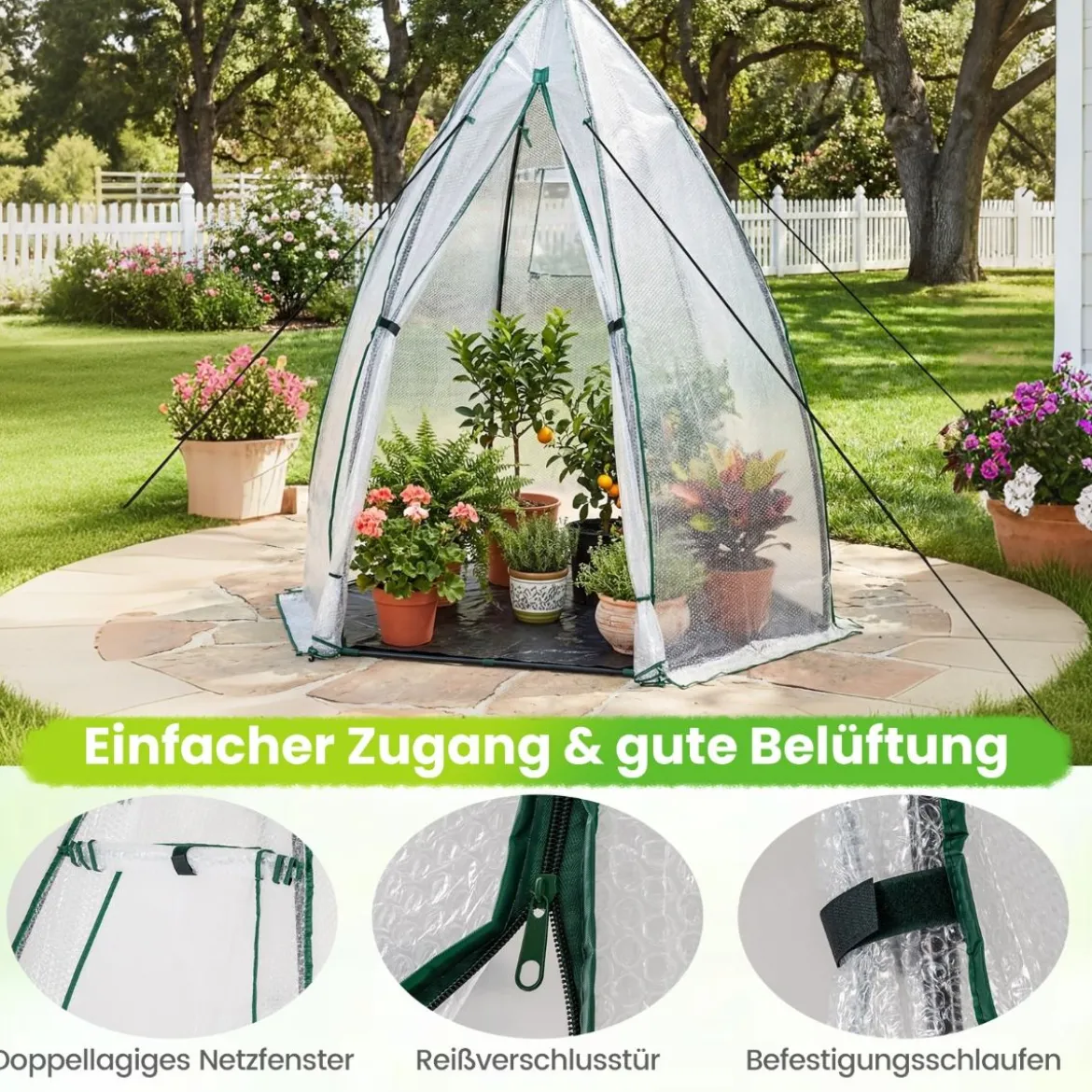 Mini Tragbares Gewächshaus mit Reißverschlusstür Begehbares PE-Blasenabdeckung Weiß