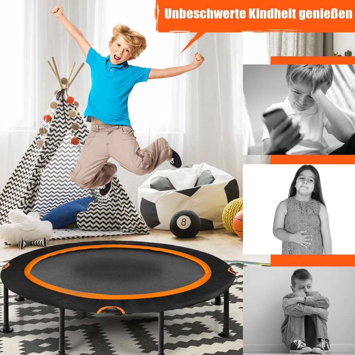 Mini Trampolin φ120 cm Fitness Trampolin faltbar Indoor- und Outdoortrampolin Gartentrampolin Orange und Schwarz