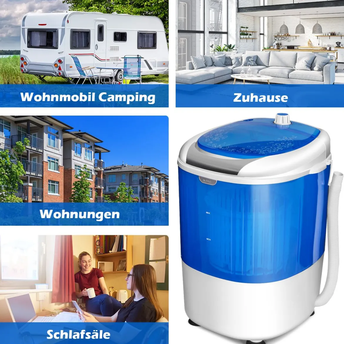 Mini Waschmaschine Reisewaschmaschine Waschautomat mit Trockenschleuder Blau
