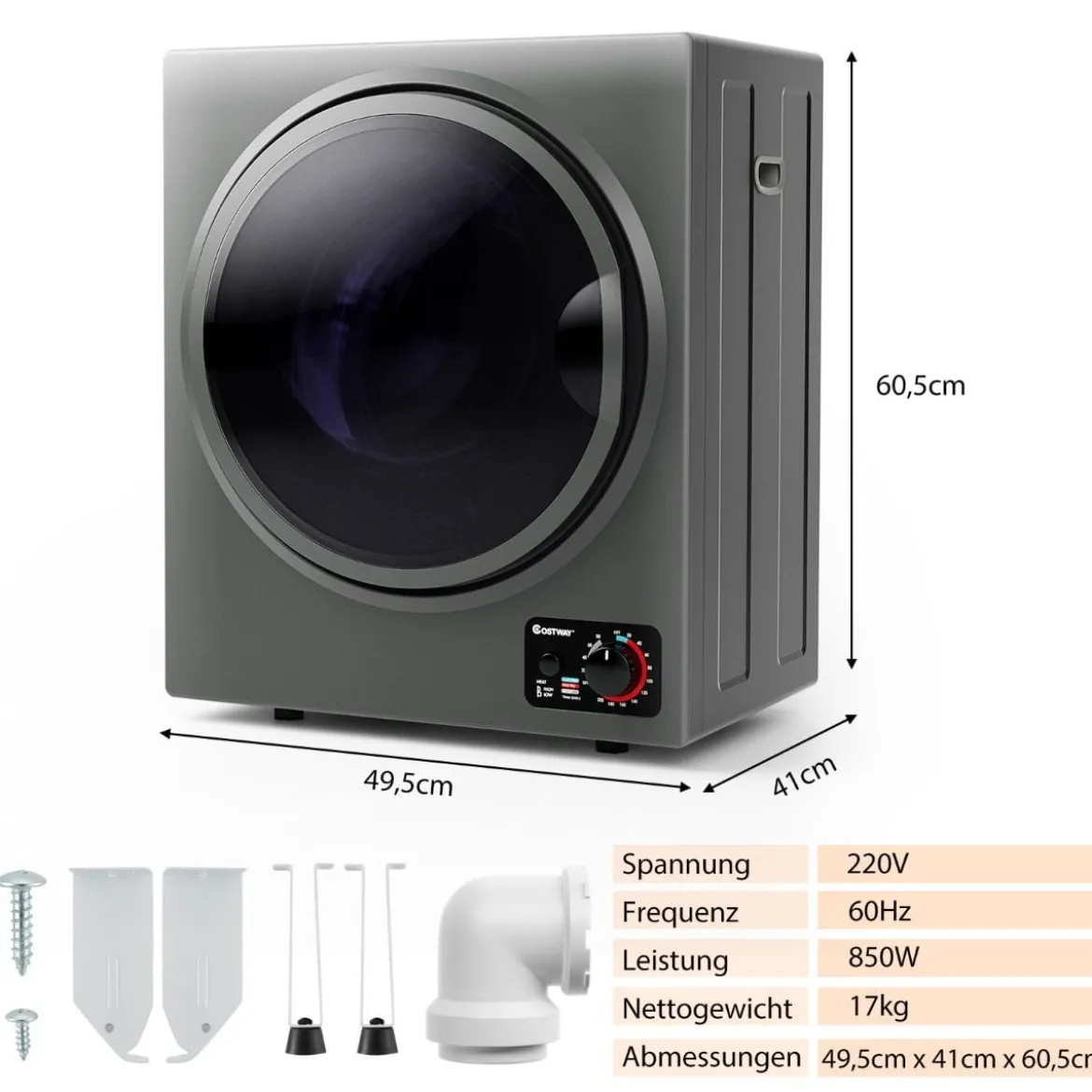 Mini Wäschetrockner Elektrischer Trockner Ablufttrockner 2,5KG / 42L / 850W Grau