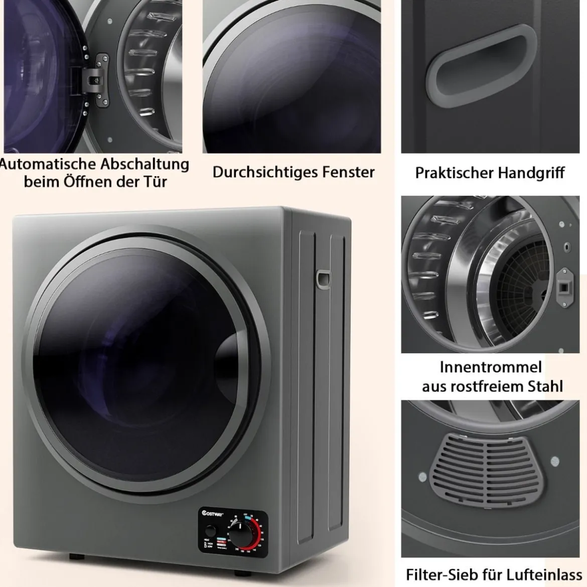Mini Wäschetrockner Elektrischer Trockner Ablufttrockner 2,5KG / 42L / 850W Grau