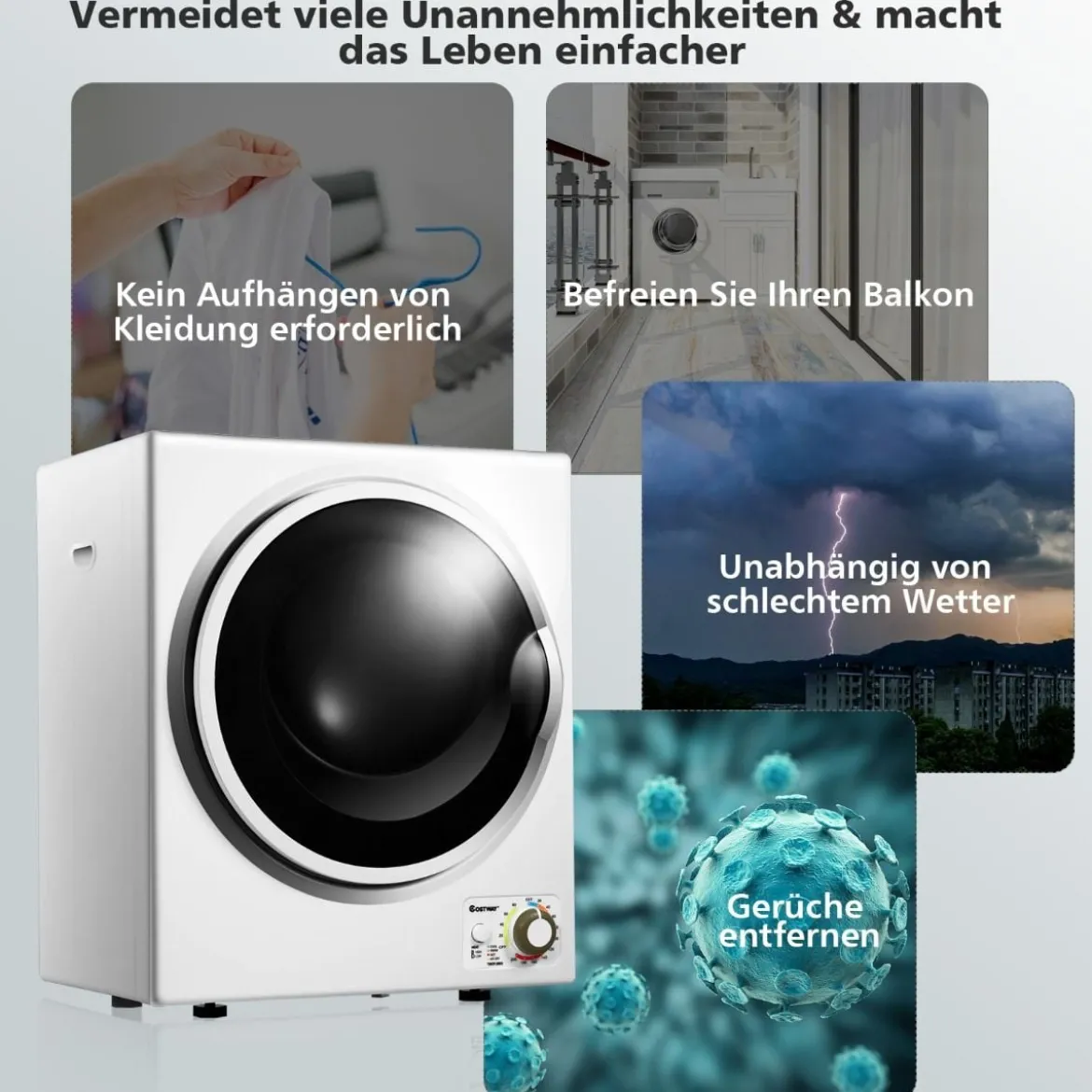 Mini Wäschetrockner Elektrischer Trockner Ablufttrockner 2,5KG / 42L / 850W Weiß