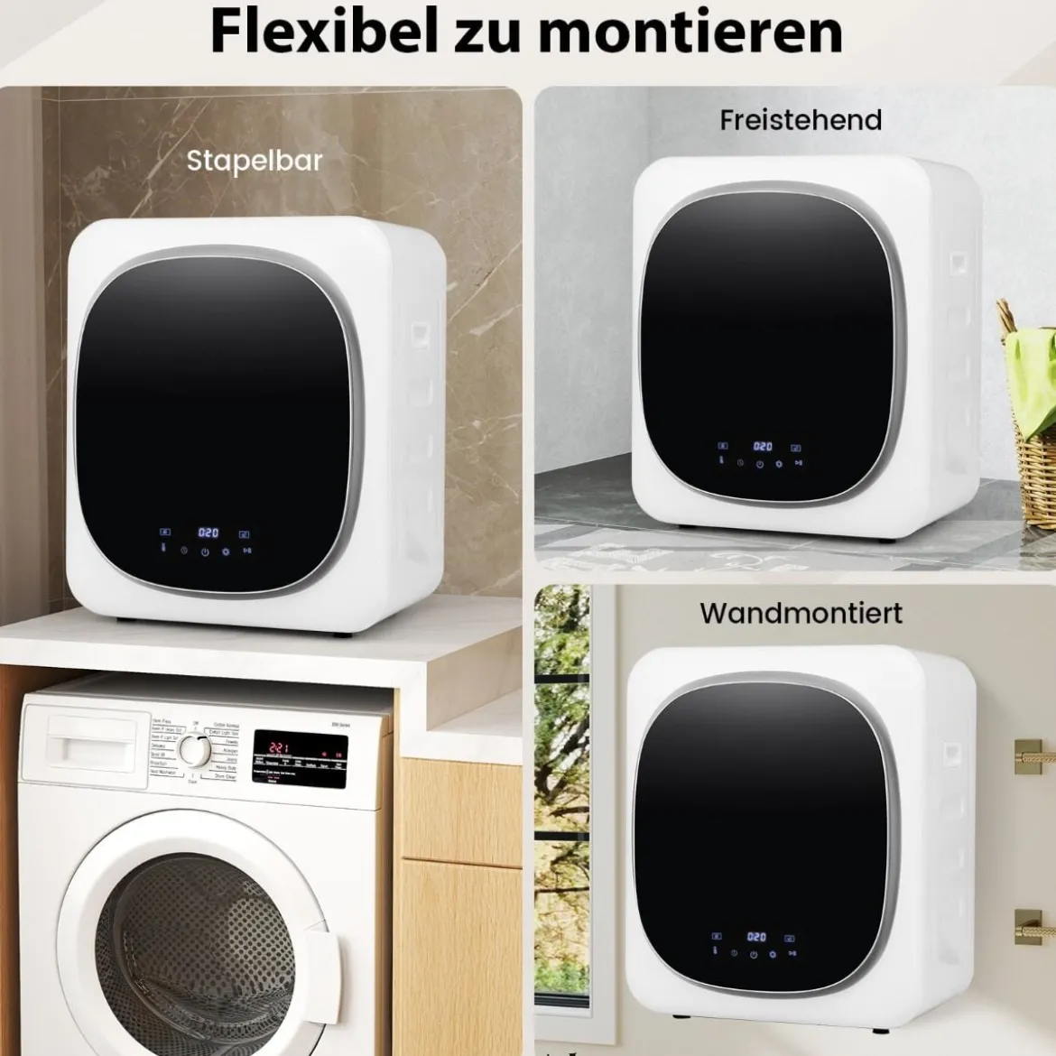 Mini Wäschetrockner 5kg mit LED Touch-Screen & Desinfektion & Desodorierung Ablufttrockner
