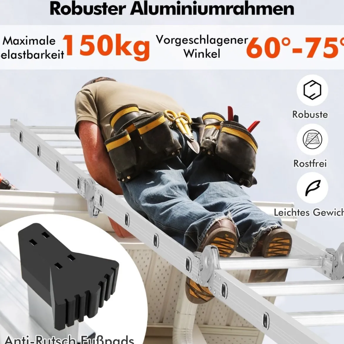 4,6 m Klappleiter mit Sicherem Verriegelungsscharnier & Rutschfesten Fußpolstern Mehrzweckleiter