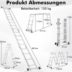 4,6 m Klappleiter mit Sicherem Verriegelungsscharnier & Rutschfesten Fußpolstern Mehrzweckleiter