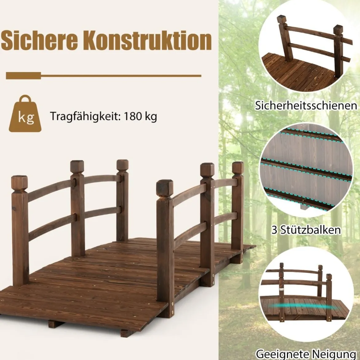 1,7 m lange Gartenbrücke aus Holz Dekorativer Teichsteg mit Absturzsicherung 180 kg Belastbar
