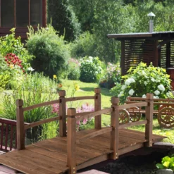 1,7 m lange Gartenbrücke aus Holz Dekorativer Teichsteg mit Absturzsicherung 180 kg Belastbar