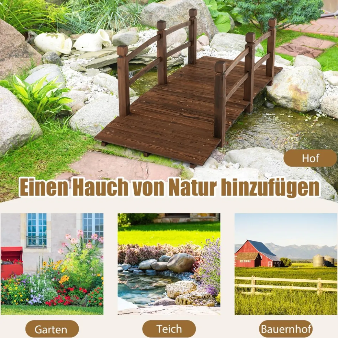 1,7 m lange Gartenbrücke aus Holz Dekorativer Teichsteg mit Absturzsicherung 180 kg Belastbar
