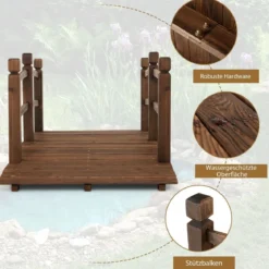 1,7 m lange Gartenbrücke aus Holz Dekorativer Teichsteg mit Absturzsicherung 180 kg Belastbar