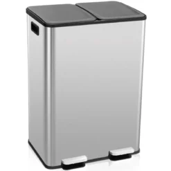 Mülleimer 2 Fächer 2 x 30L Abfalleimer Küche Tretmülleimer mit sanft schließendem Deckel Weiß/Schwarz/Silber