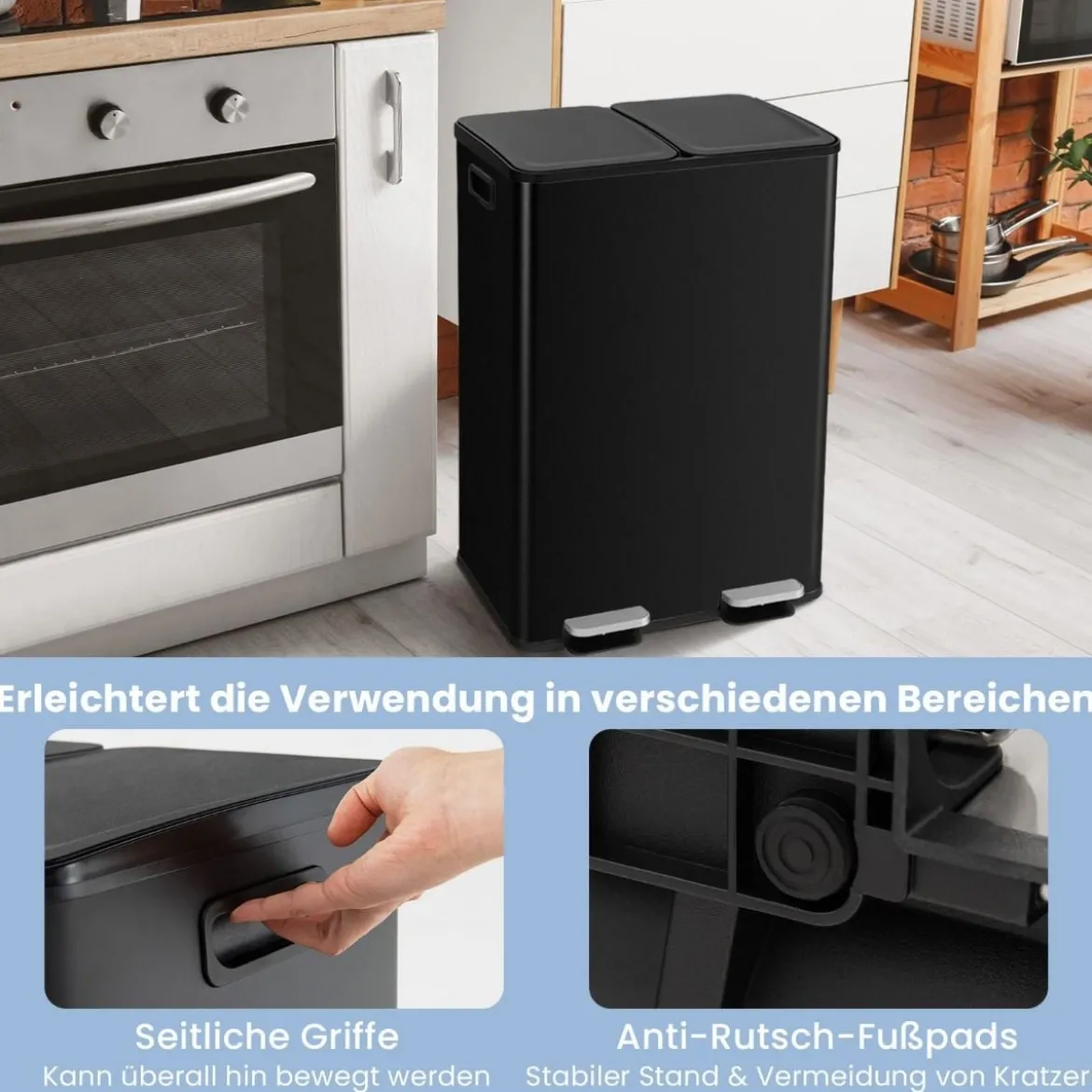 Mülleimer 2 Fächer 2 x 30L Abfalleimer Küche Tretmülleimer mit sanft schließendem Deckel Weiß/Schwarz/Silber