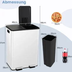 Mülleimer 2 Fächer 2 x 30L Abfalleimer Küche Tretmülleimer mit sanft schließendem Deckel Weiß/Schwarz/Silber