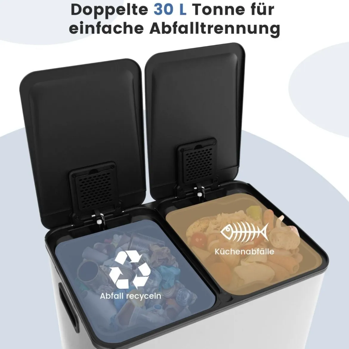 Mülleimer 2 Fächer 2 x 30L Abfalleimer Küche Tretmülleimer mit sanft schließendem Deckel Weiß/Schwarz/Silber