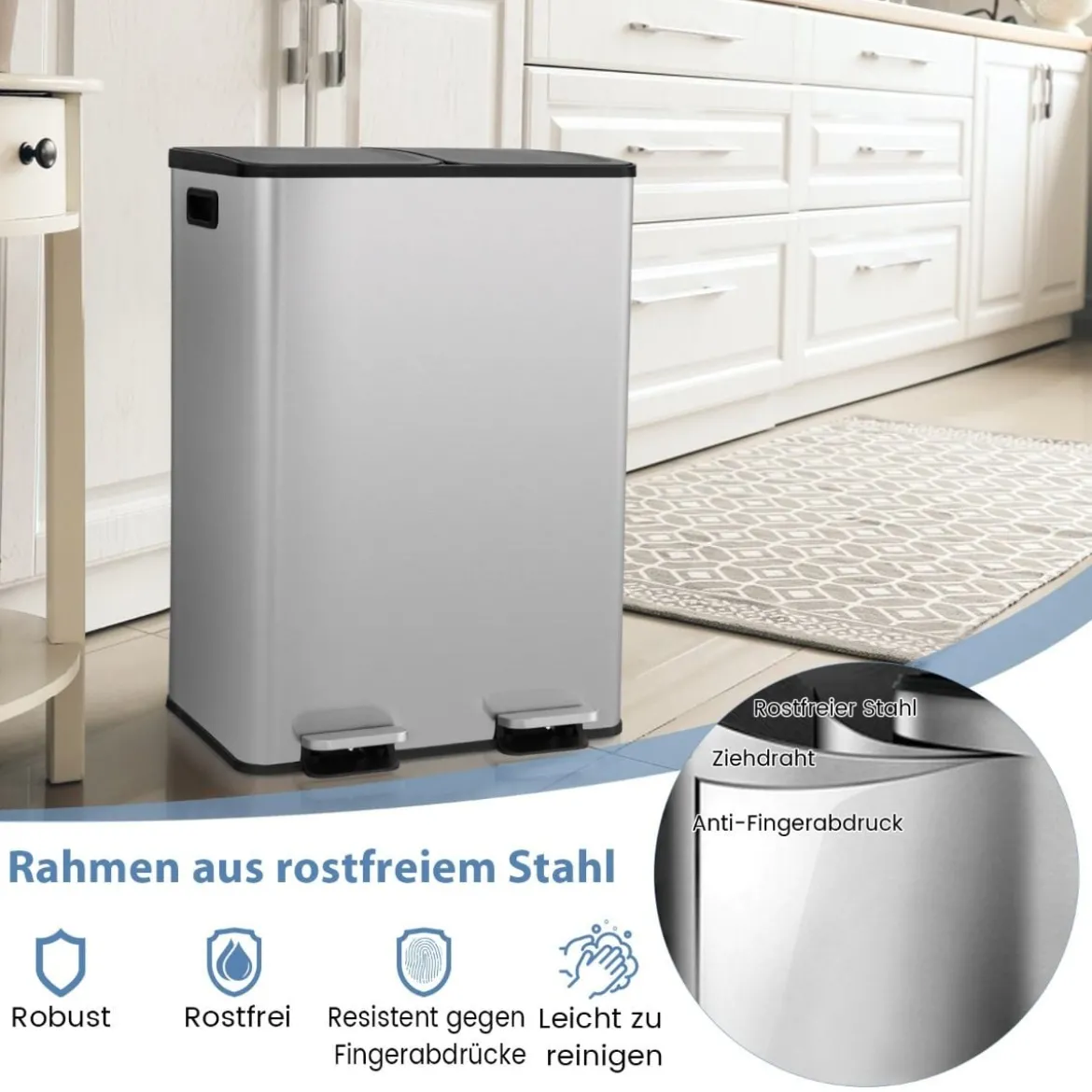 Mülleimer 2 Fächer 2 x 30L Abfalleimer Küche Tretmülleimer mit sanft schließendem Deckel Weiß/Schwarz/Silber