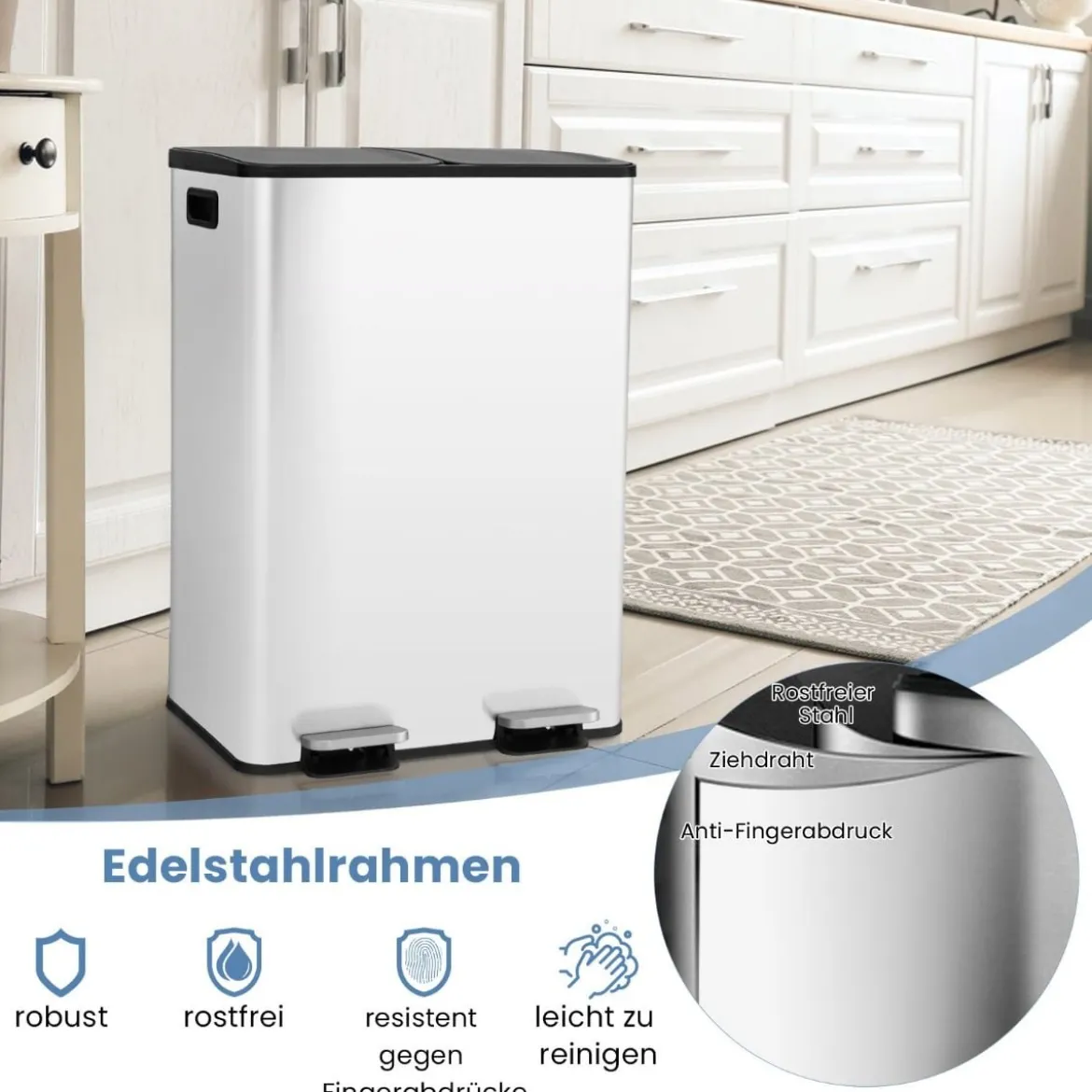 Mülleimer 2 Fächer 2 x 30L Abfalleimer Küche Tretmülleimer mit sanft schließendem Deckel Weiß/Schwarz/Silber