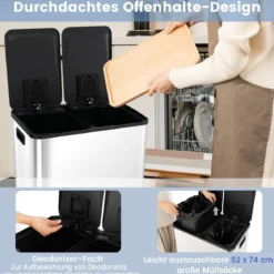 Mülleimer 2 Fächer 2 x 30L Abfalleimer Küche Tretmülleimer mit sanft schließendem Deckel Weiß/Schwarz/Silber