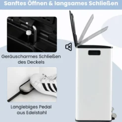 Mülleimer 2 Fächer 2 x 30L Abfalleimer Küche Tretmülleimer mit sanft schließendem Deckel Weiß/Schwarz/Silber
