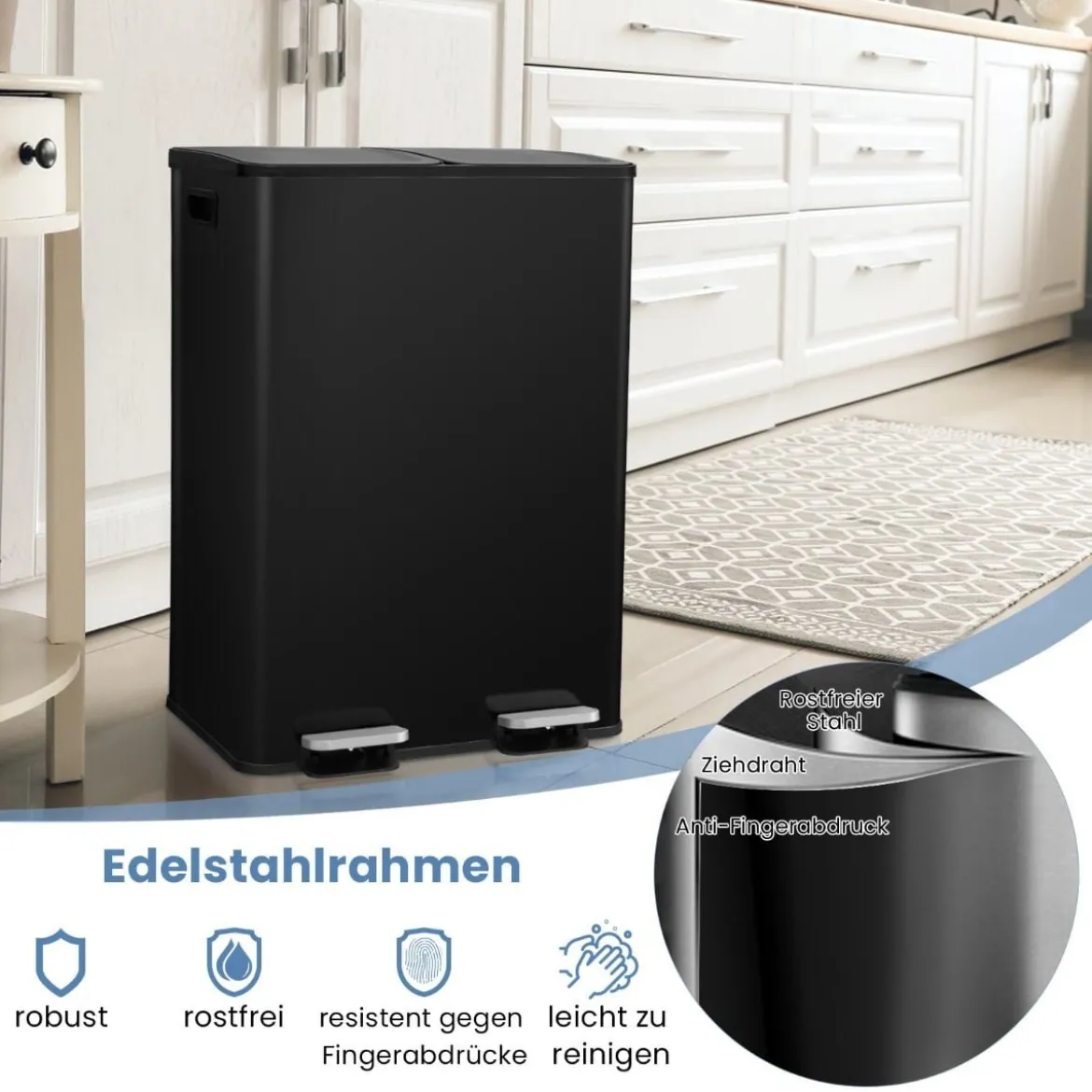 Mülleimer 2 Fächer 2 x 30L Abfalleimer Küche Tretmülleimer mit sanft schließendem Deckel Weiß/Schwarz/Silber