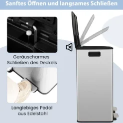 Mülleimer 2 Fächer 2 x 30L Abfalleimer Küche Tretmülleimer mit sanft schließendem Deckel Weiß/Schwarz/Silber