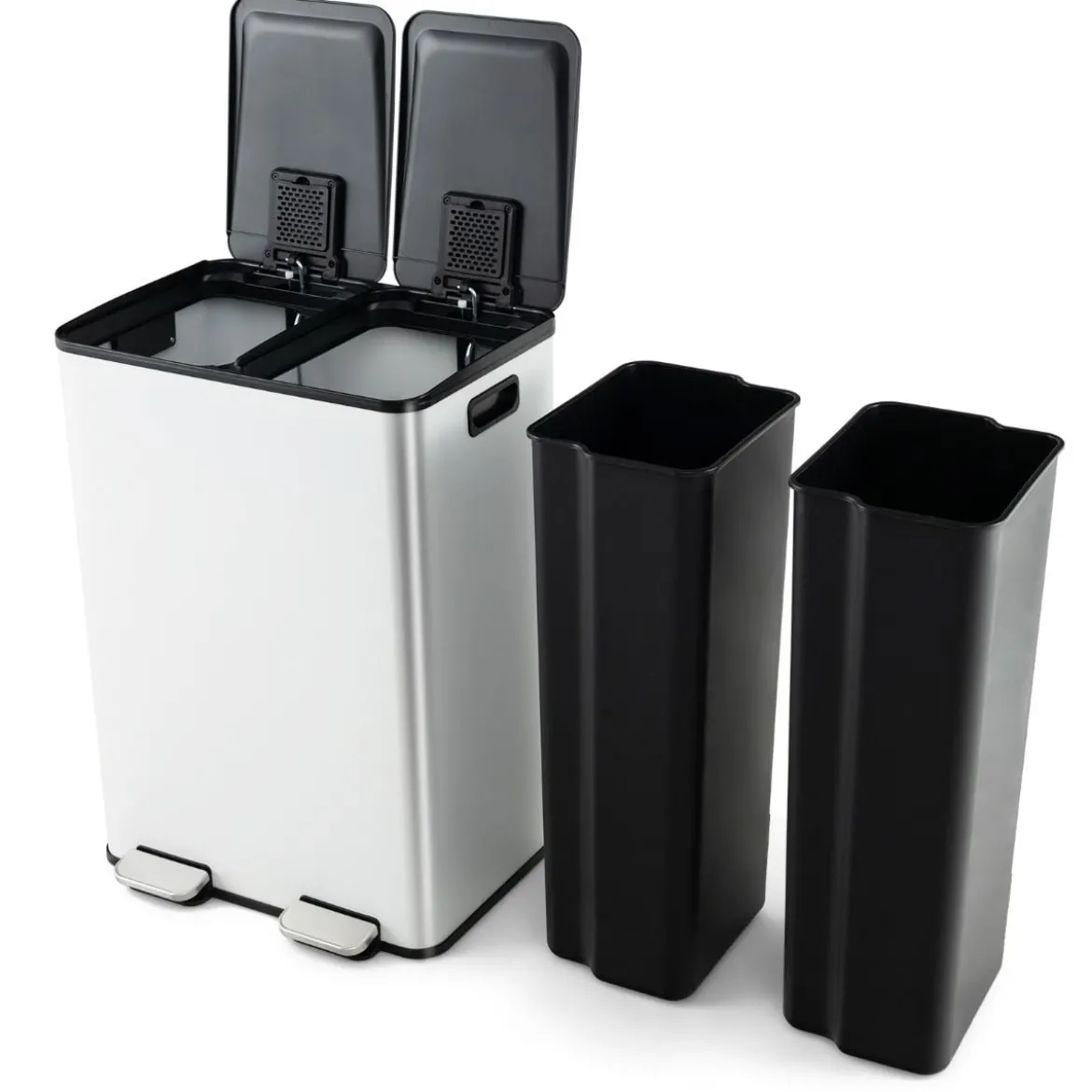 Mülleimer 2 Fächer 2 x 30L Abfalleimer Küche Tretmülleimer mit sanft schließendem Deckel Weiß/Schwarz/Silber