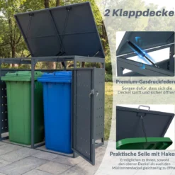 Mülltonnenbox 2er für 240 L Mülltonnenverkleidung aus Metall für 2 Mülltonnen Müllbox mit Klappdeckel Grau