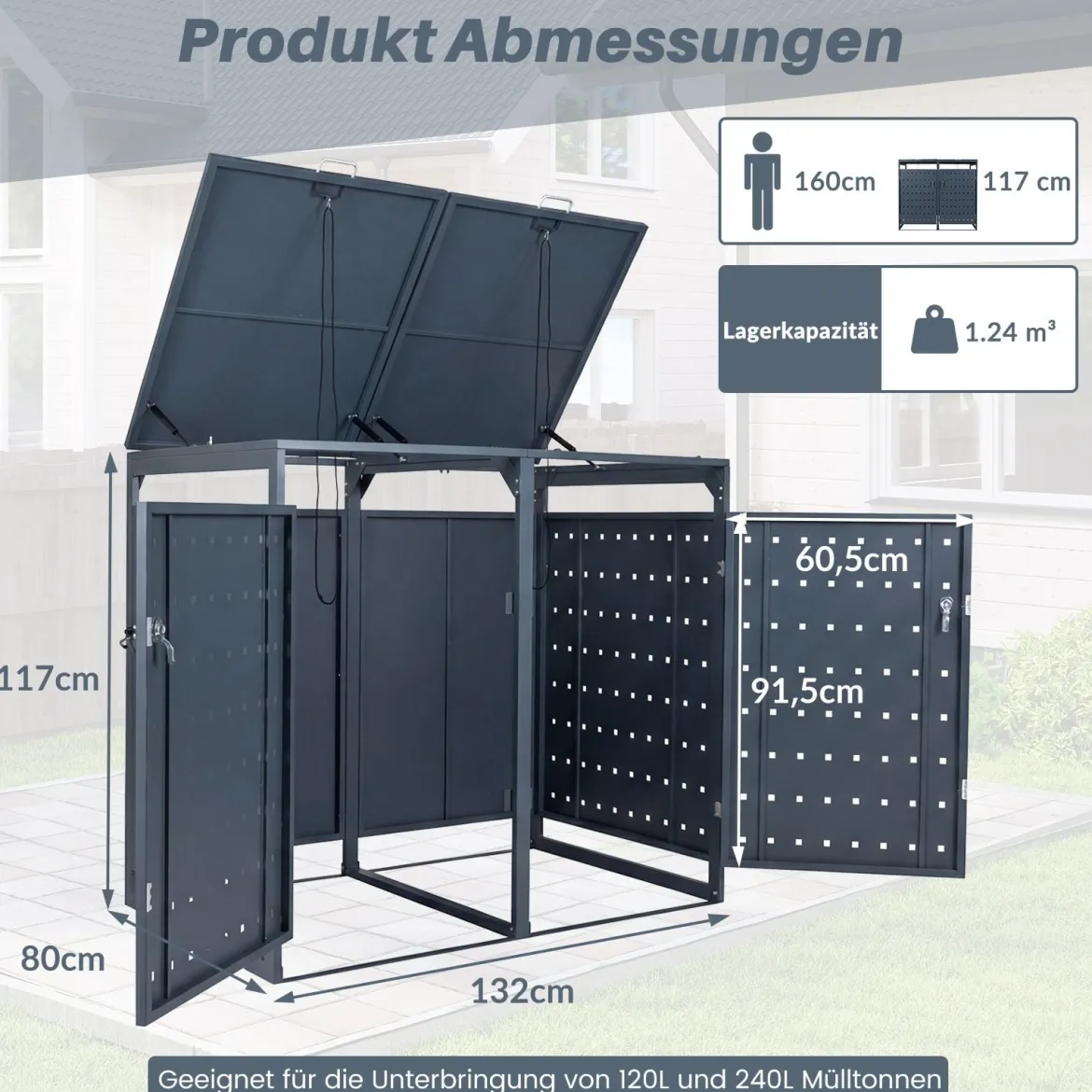 Mülltonnenbox 2er für 240 L Mülltonnenverkleidung aus Metall für 2 Mülltonnen Müllbox mit Klappdeckel Grau