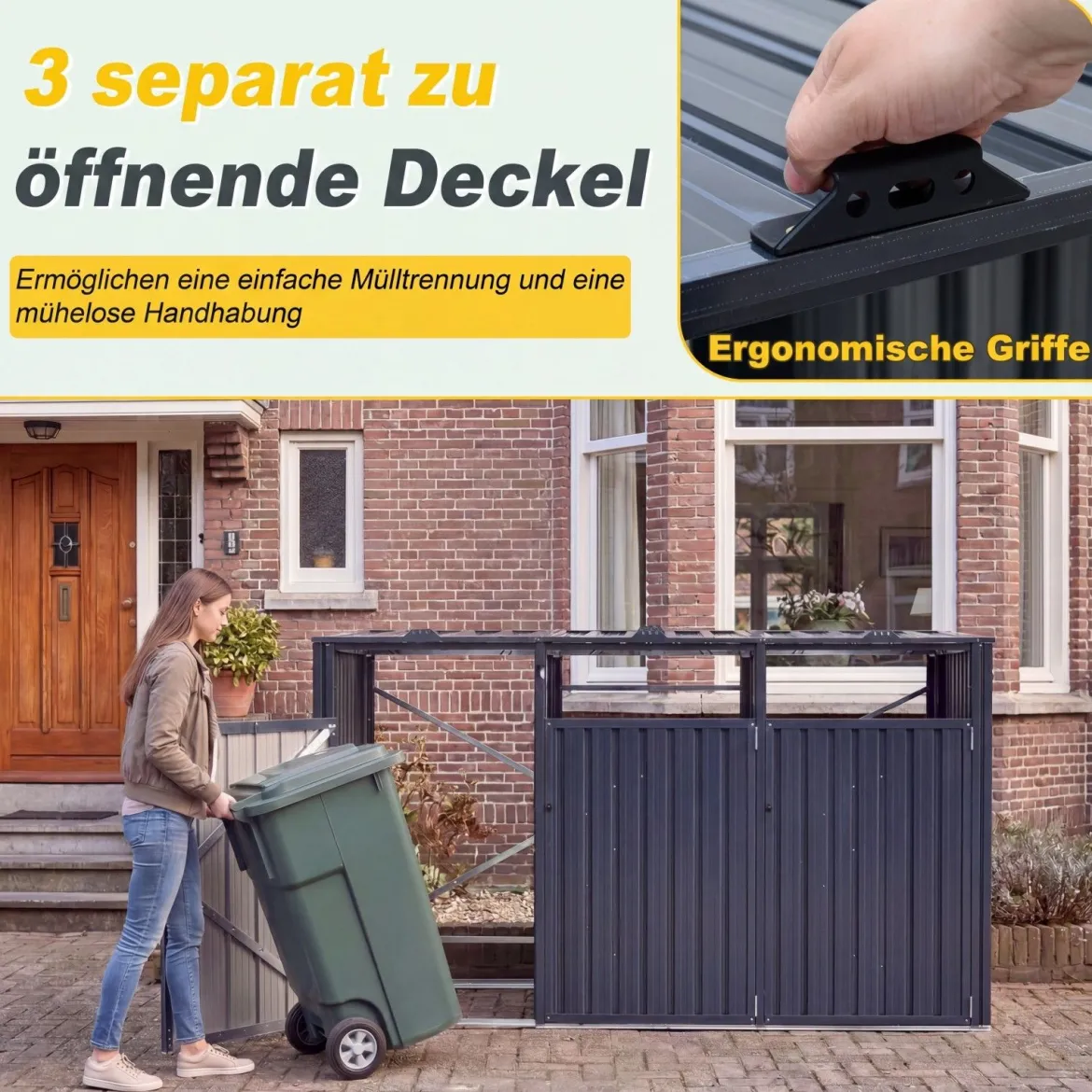 Mülltonnenbox 3er Mülltonnenverkleidung für 3 Tonnen aus Verzinktem Stahl Müllbox mit 3 Deckeln Grau