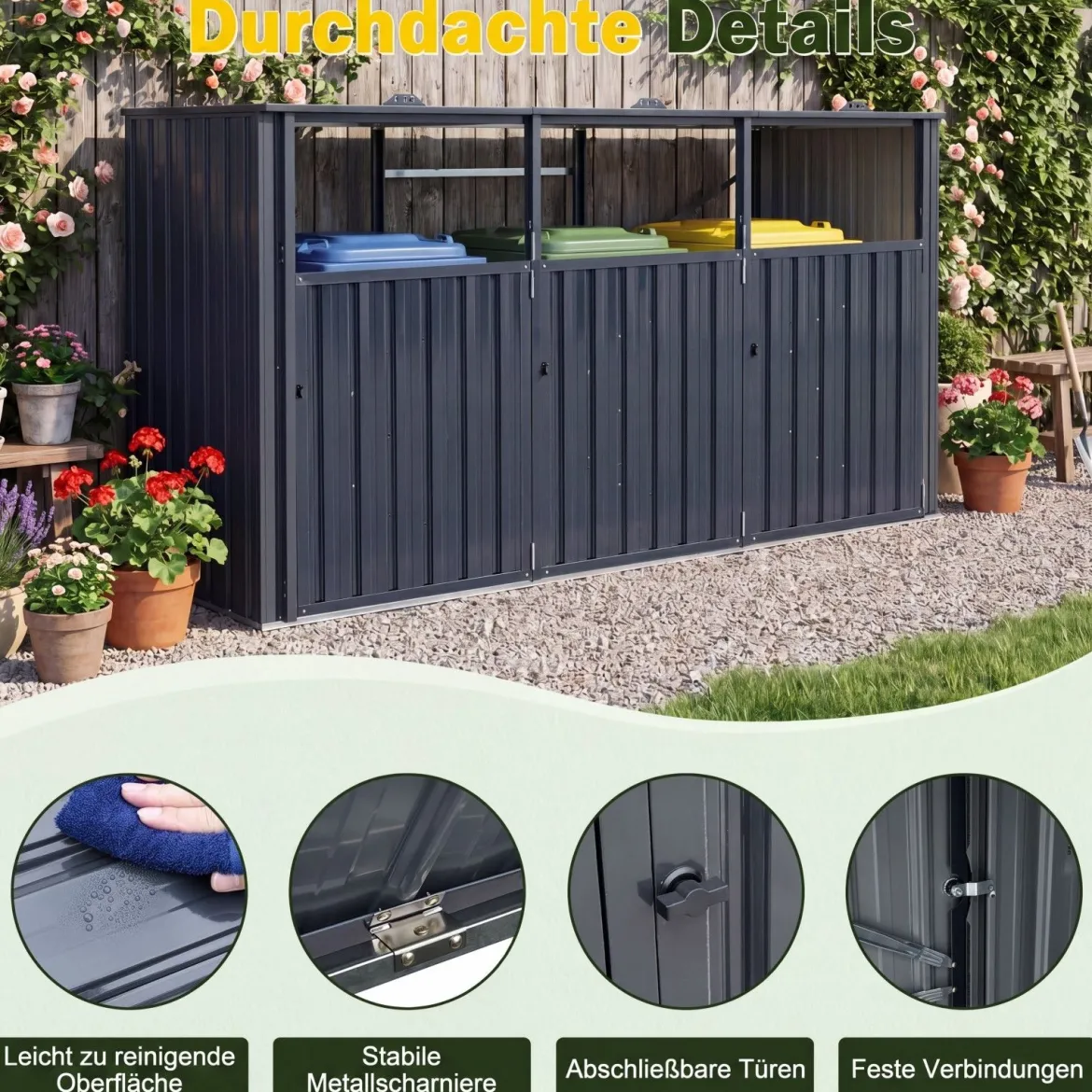 Mülltonnenbox 3er Mülltonnenverkleidung für 3 Tonnen aus Verzinktem Stahl Müllbox mit 3 Deckeln Grau