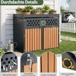 Mülltonnenbox für 2 Tonnen aus Verzinktem Stahl mit Pflanzdach 132 x 80 x 124 cm Schwarz