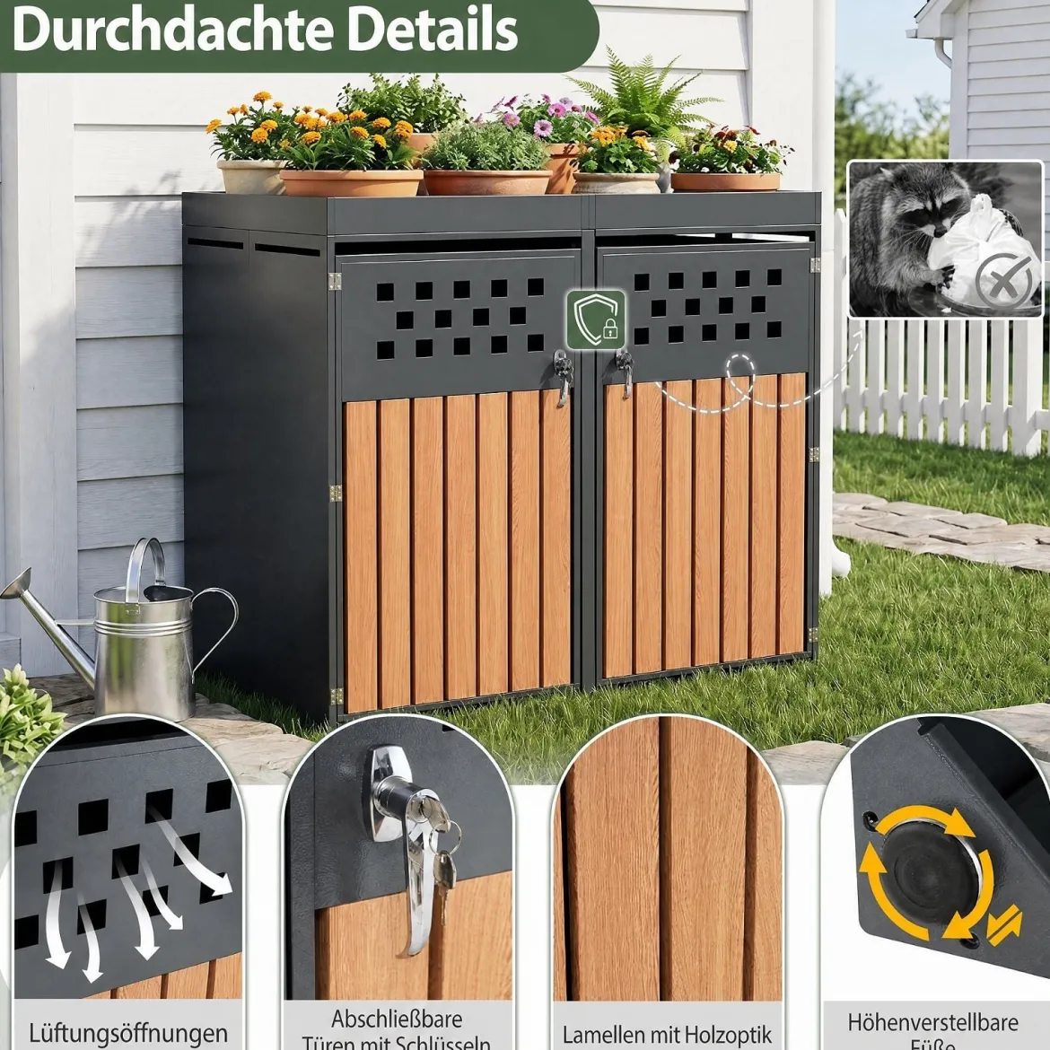 Mülltonnenbox für 2 Tonnen aus Verzinktem Stahl mit Pflanzdach 132 x 80 x 124 cm Schwarz