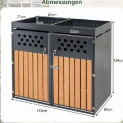 Mülltonnenbox für 2 Tonnen aus Verzinktem Stahl mit Pflanzdach 132 x 80 x 124 cm Schwarz