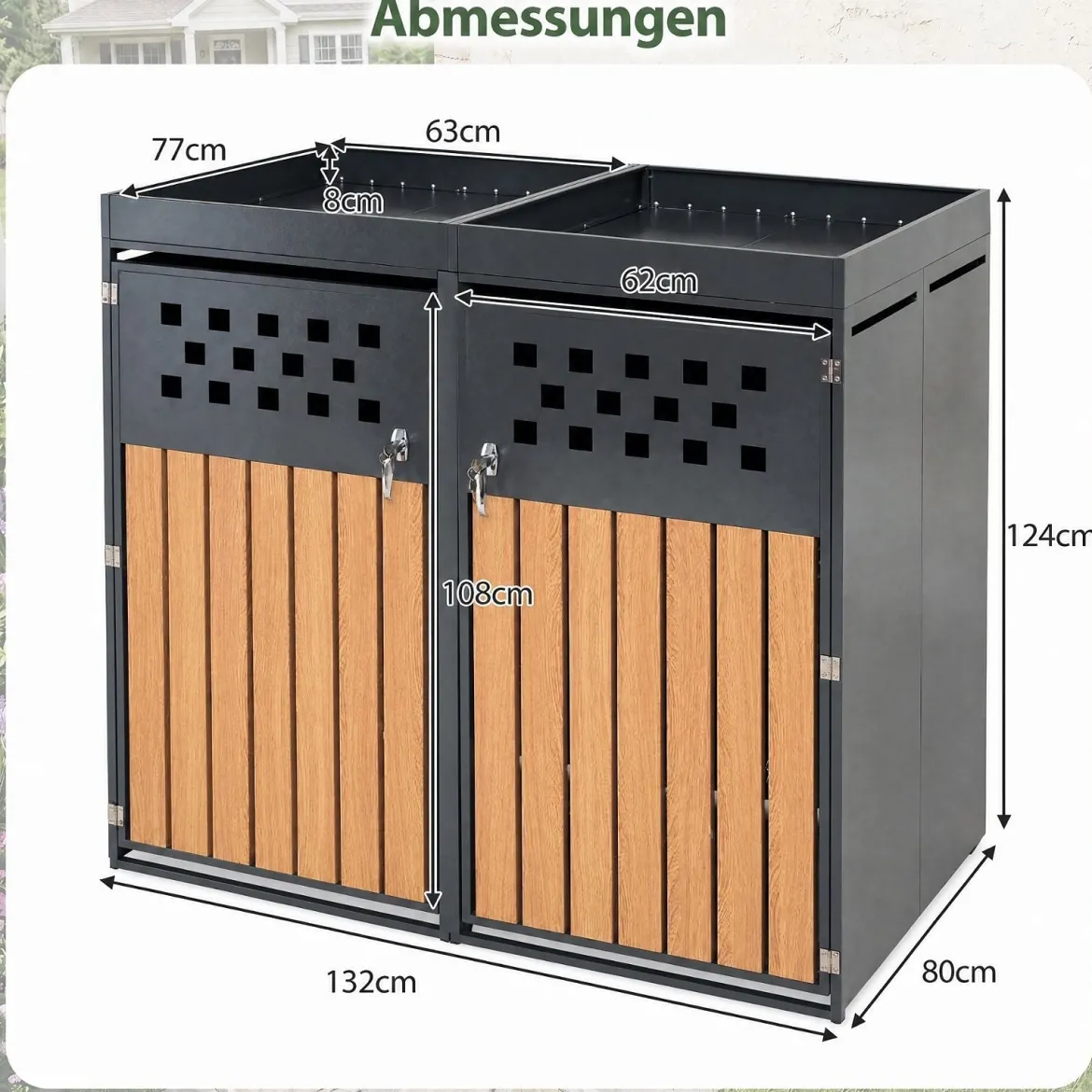 Mülltonnenbox für 2 Tonnen aus Verzinktem Stahl mit Pflanzdach 132 x 80 x 124 cm Schwarz