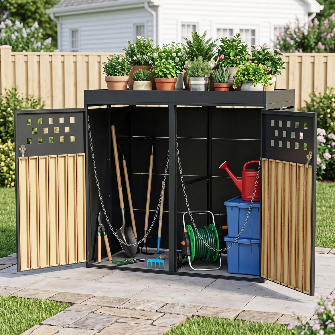Mülltonnenbox für 2 Tonnen aus Verzinktem Stahl mit Pflanzdach 132 x 80 x 124 cm Schwarz