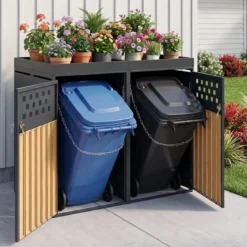 Mülltonnenbox für 2 Tonnen aus Verzinktem Stahl mit Pflanzdach 132 x 80 x 124 cm Schwarz