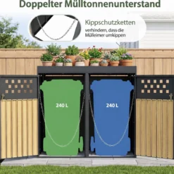 Mülltonnenbox für 2 Tonnen aus Verzinktem Stahl mit Pflanzdach 132 x 80 x 124 cm Schwarz