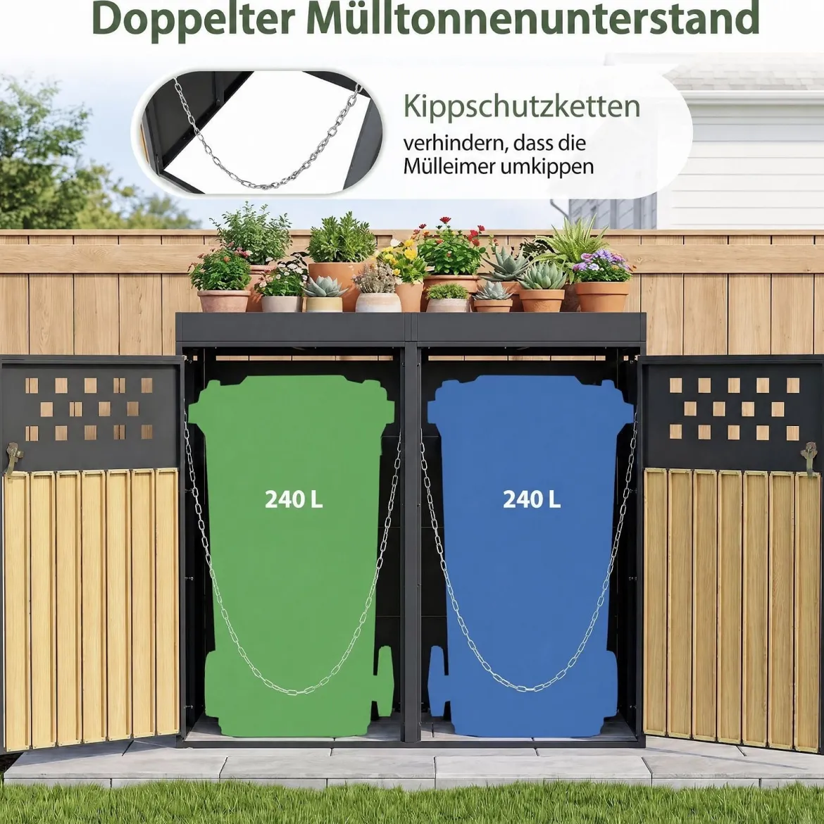 Mülltonnenbox für 2 Tonnen aus Verzinktem Stahl mit Pflanzdach 132 x 80 x 124 cm Schwarz