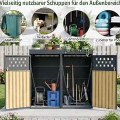 Mülltonnenbox für 2 Tonnen aus Verzinktem Stahl mit Pflanzdach 132 x 80 x 124 cm Schwarz
