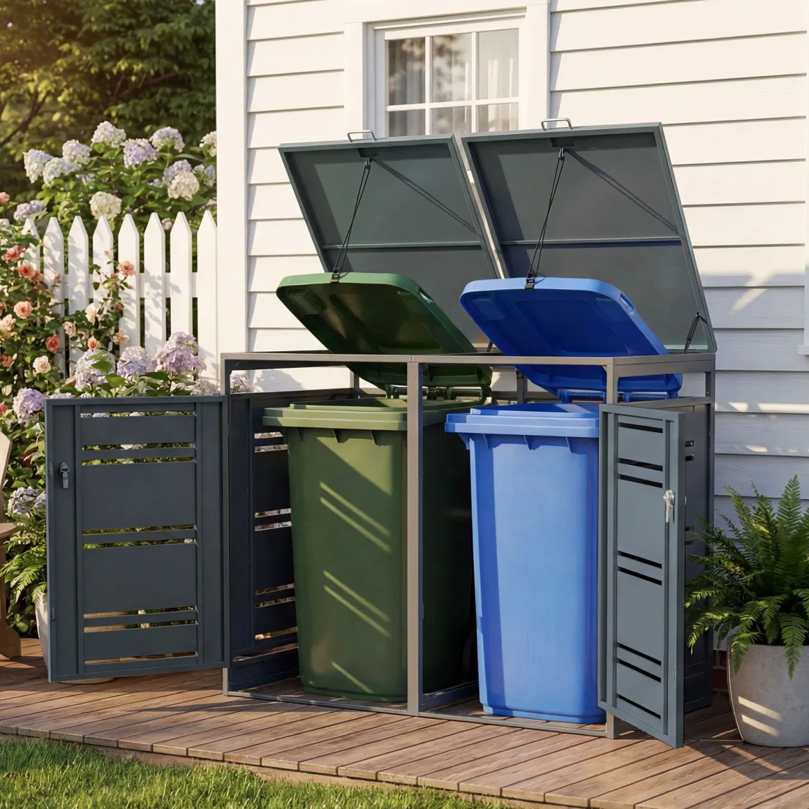 Mülltonnenbox für 2 x 120 L Mülltonne Wetterfester Gartenschuppen mit Abschließbarer Tür